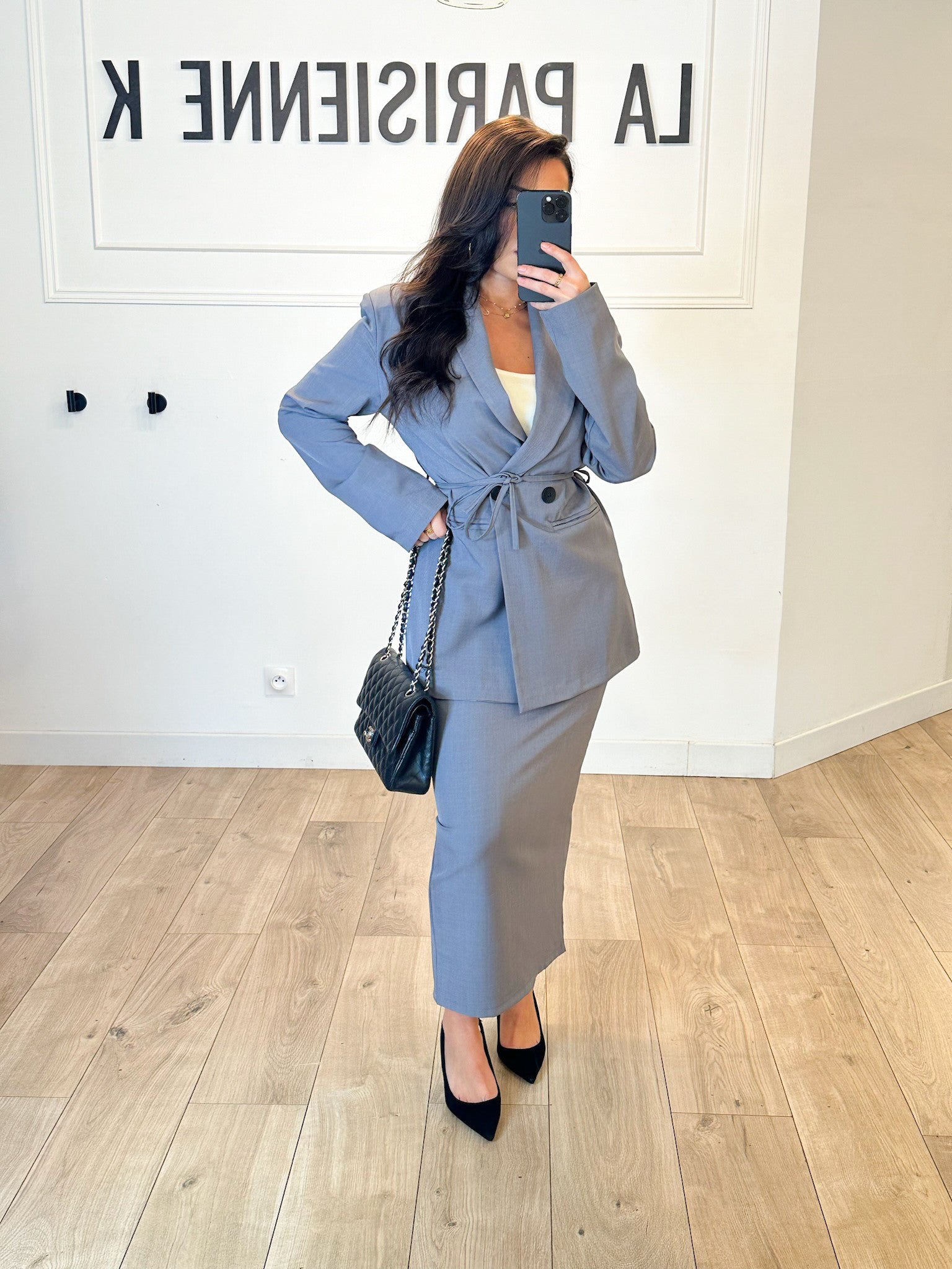 Ensemble blazer et jupe longue droite gris LA PARISIENNE K